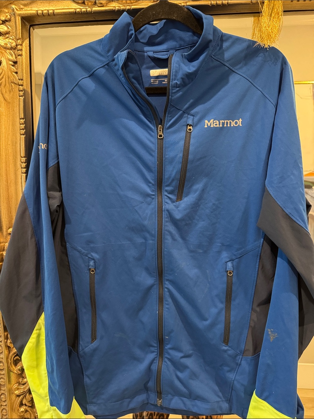 Marmot Men’s Blue Performance Softshell Jacket with Neon Yellow Accents
